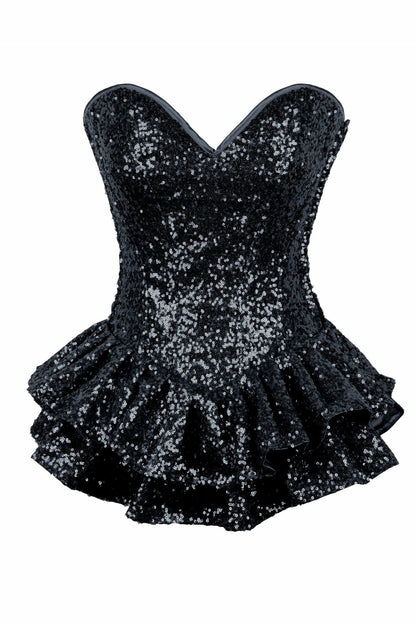 Top Drawer Black Sequin Steel Boned Mini Corset Dress.
