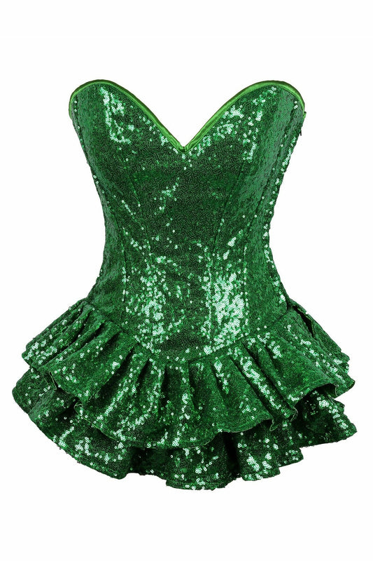 Top Drawer Green Sequin Steel Boned Mini Corset Dress.