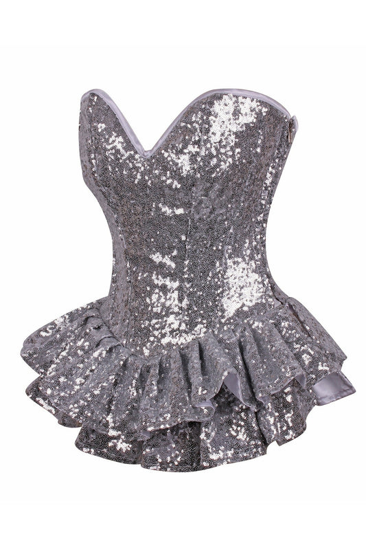 Top Drawer Silver Sequin Steel Boned Mini Corset Dress.