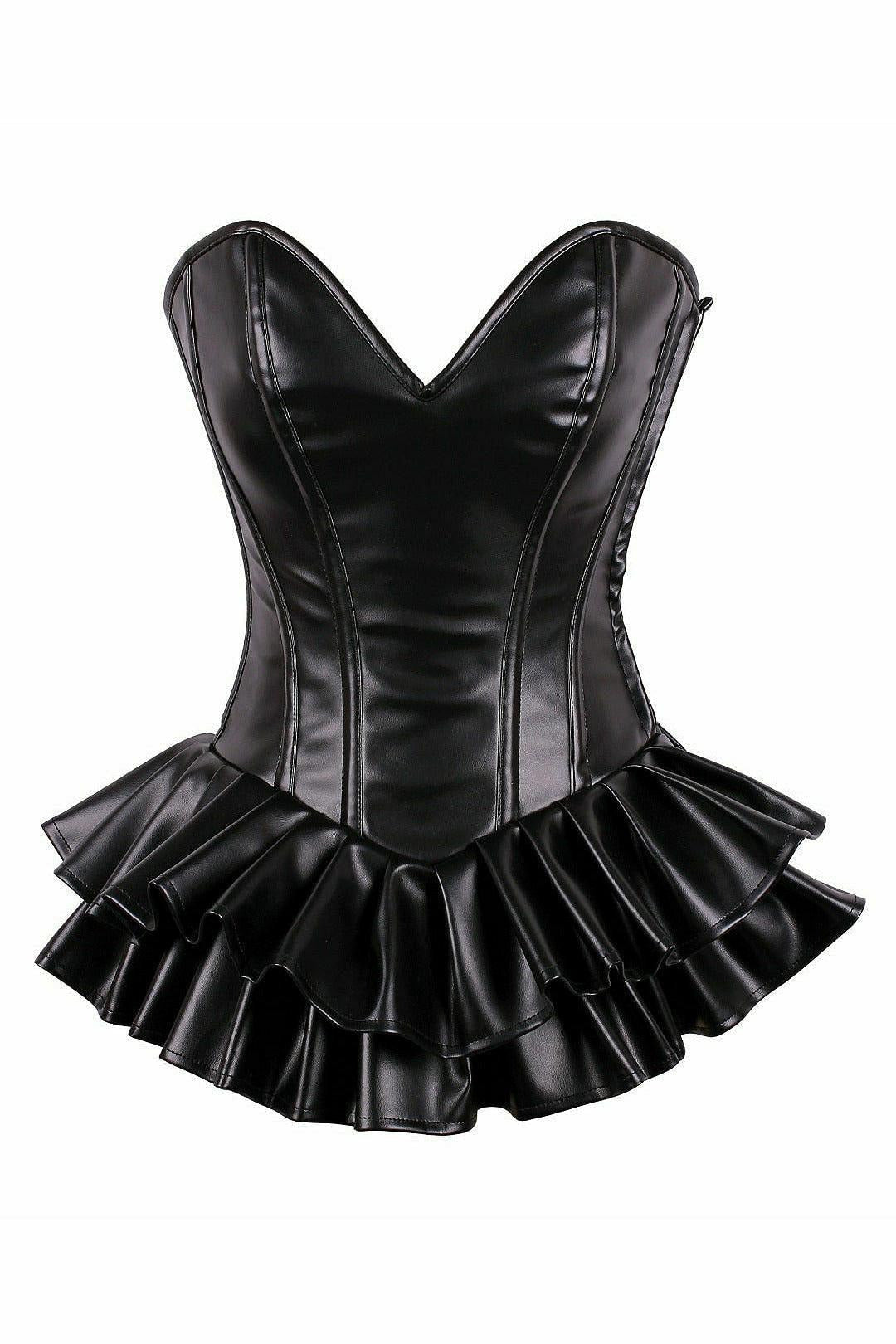 Top Drawer Black Faux Leather Steel Boned Mini Corset Dress.