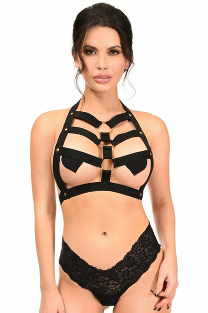 BOXED Black Stretchy Body Harness w/Gold Hardware.