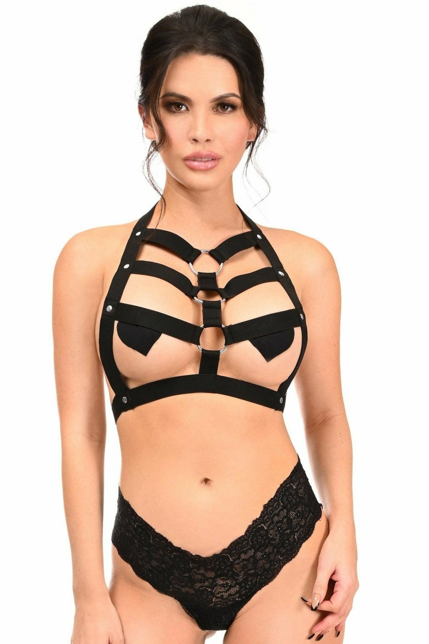 BOXED Black Stretchy Body Harness w/Silver Hardware.