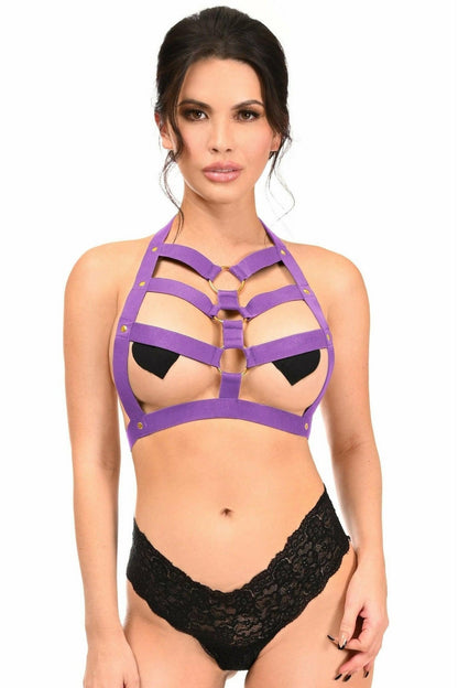 BOXED Dark Purple Stretchy Body Harness w/Gold Hardware.