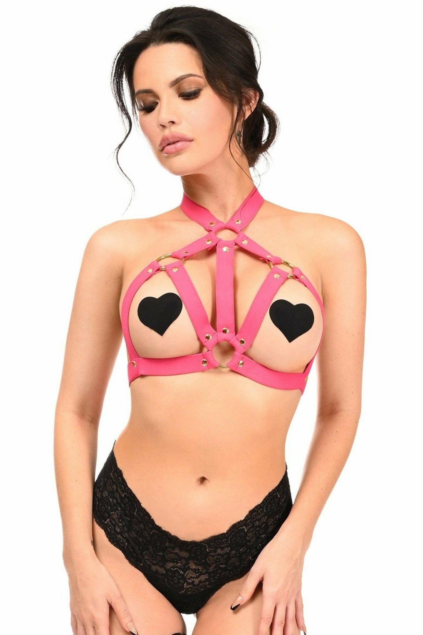 BOXED Hot Pink Stretchy Body Harness w/Gold Hardware.