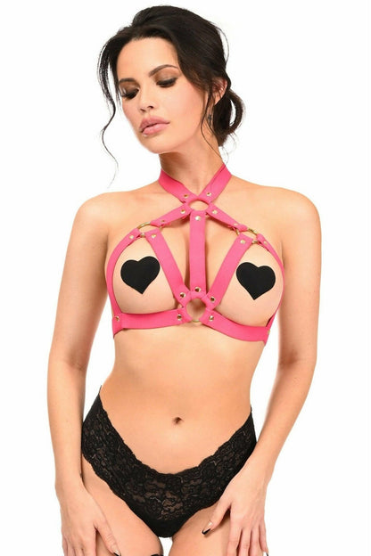 BOXED Hot Pink Stretchy Body Harness w/Gold Hardware.