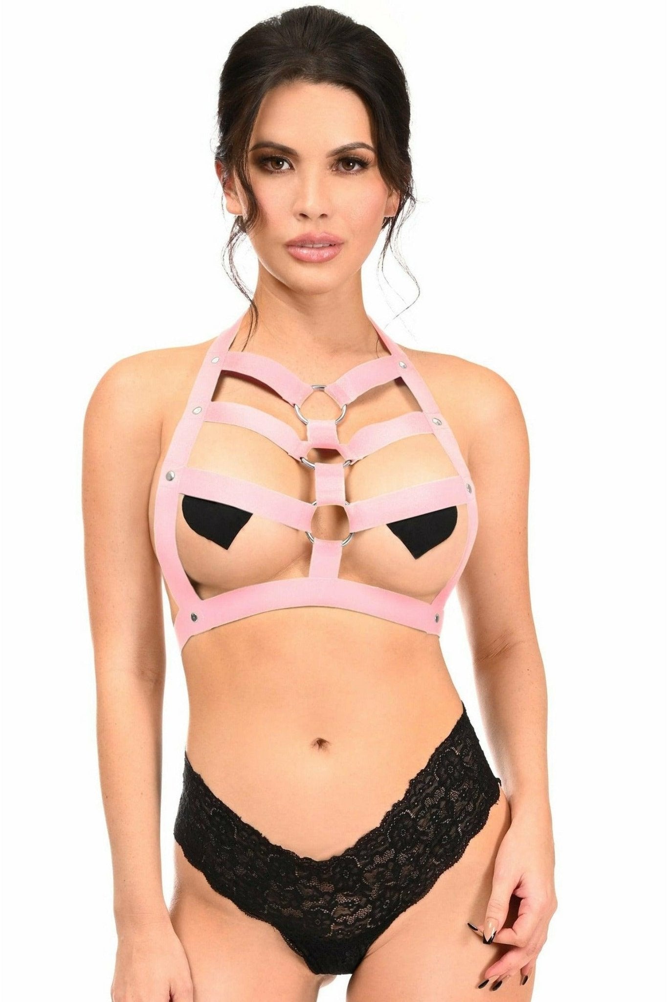 BOXED Lt Pink Stretchy Body Harness w/Silver Hardware.