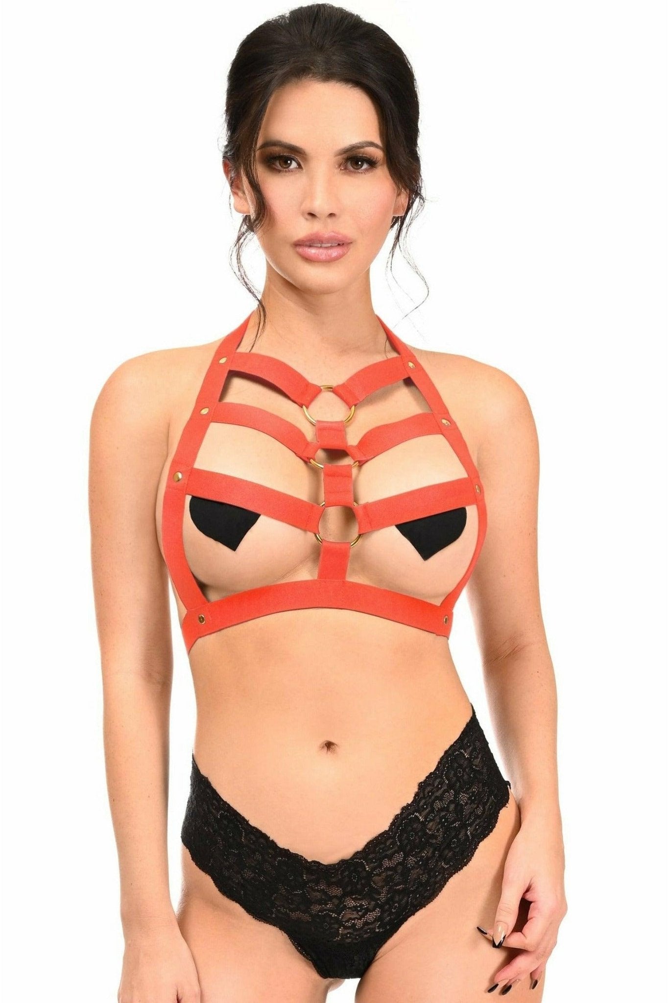 BOXED Red Stretchy Body Harness w/Gold Hardware.