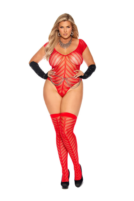 Elegant Moments Chevron Striped Crochet Deep V Teddy And Matching Stockings - Queen Size.