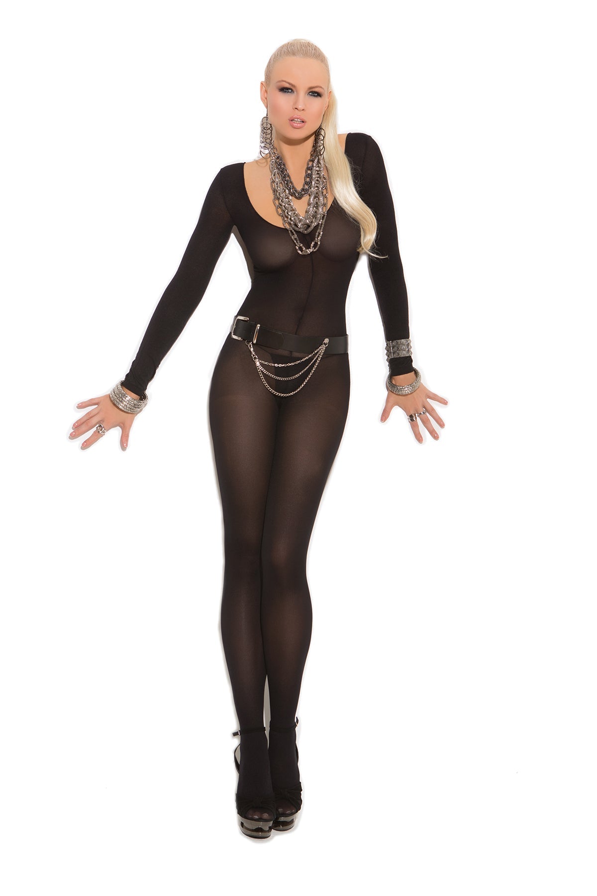 Elegant Moments Opaque Long Sleeve Bodystocking With Open Crotch.