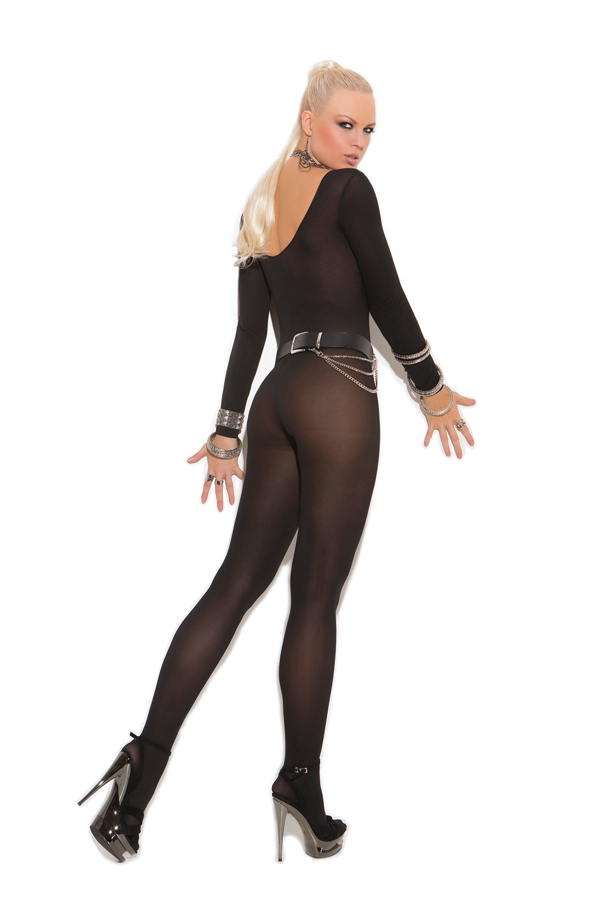 Elegant Moments Opaque Long Sleeve Bodystocking With Open Crotch.