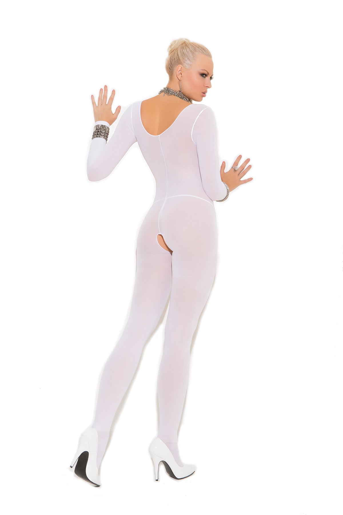 Elegant Moments Opaque Long Sleeve Bodystocking With Open Crotch.