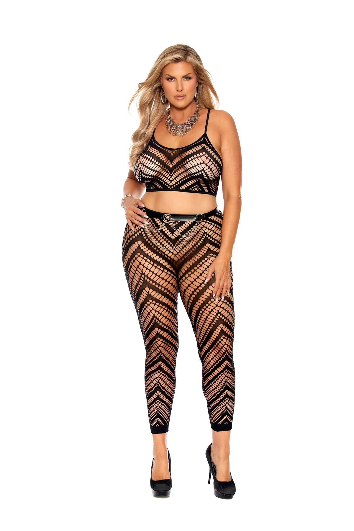 Elegant Moments Zig Zag Crochet Net Cami Top And Matching Leggings - Queen Size.