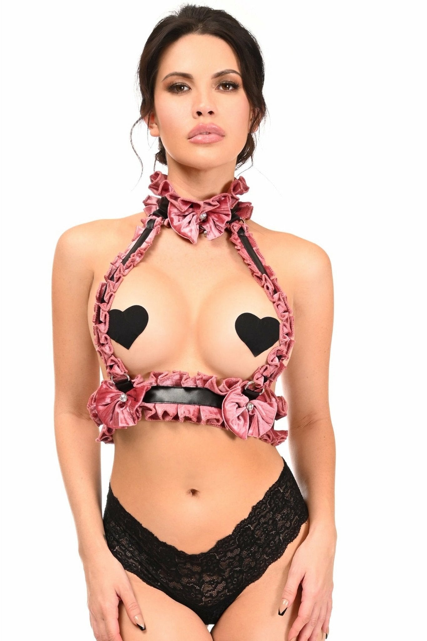 Kitten Collection Dusty Rose Velvet Double Strap Body Harness.