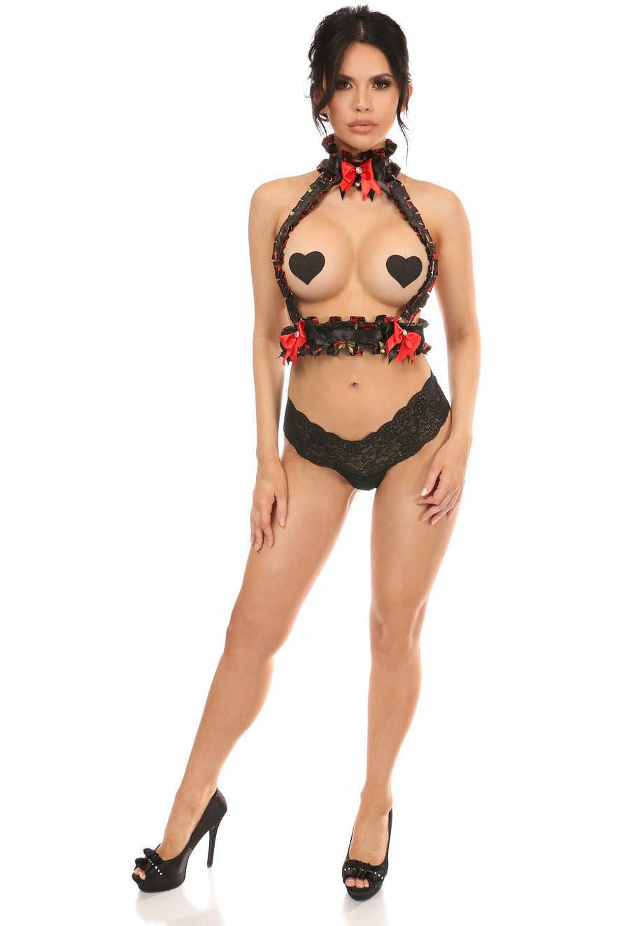 Kitten Collection Red Roses Satin Double Strap Body Harness.