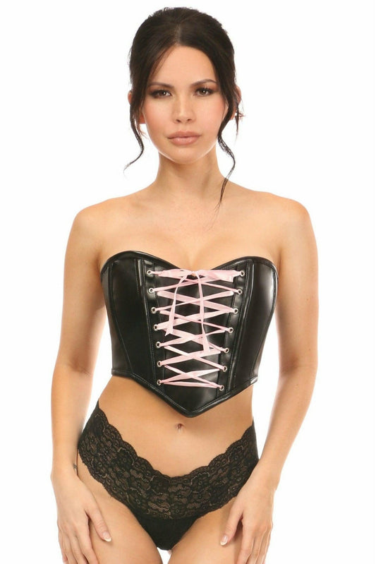 Lavish Black Faux Leather w/Pink Lace-Up Bustier.