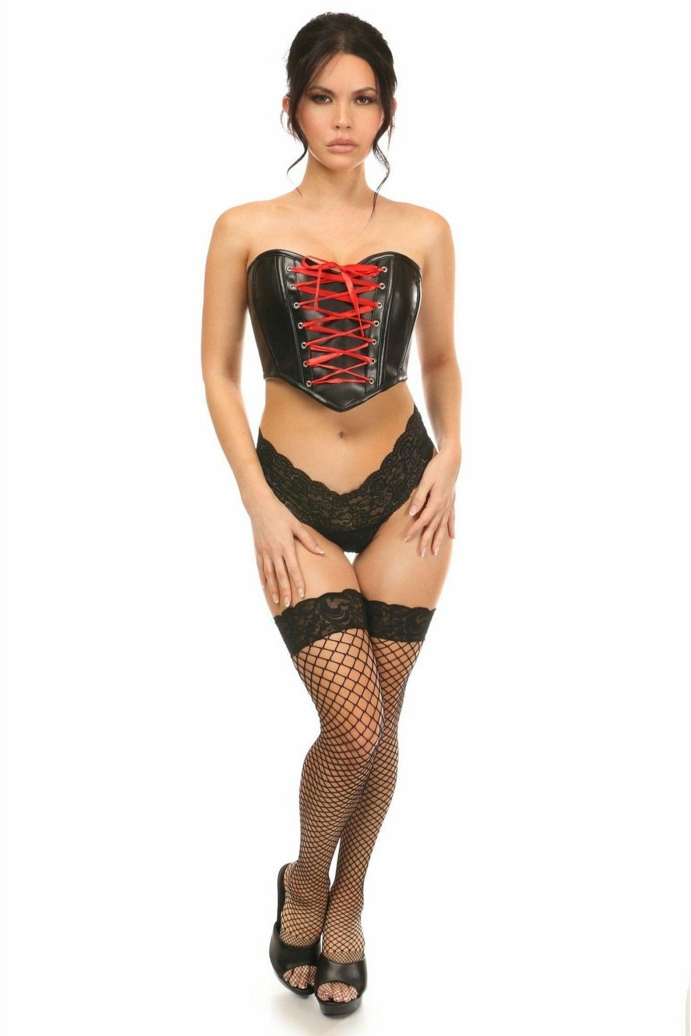 Lavish Black Faux Leather w/Red Lace-Up Bustier.