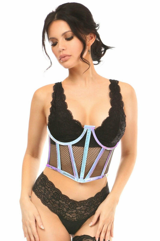 Lavish Blue/Purple Holo & Fishnet Underwire Waist Cincher Corset.