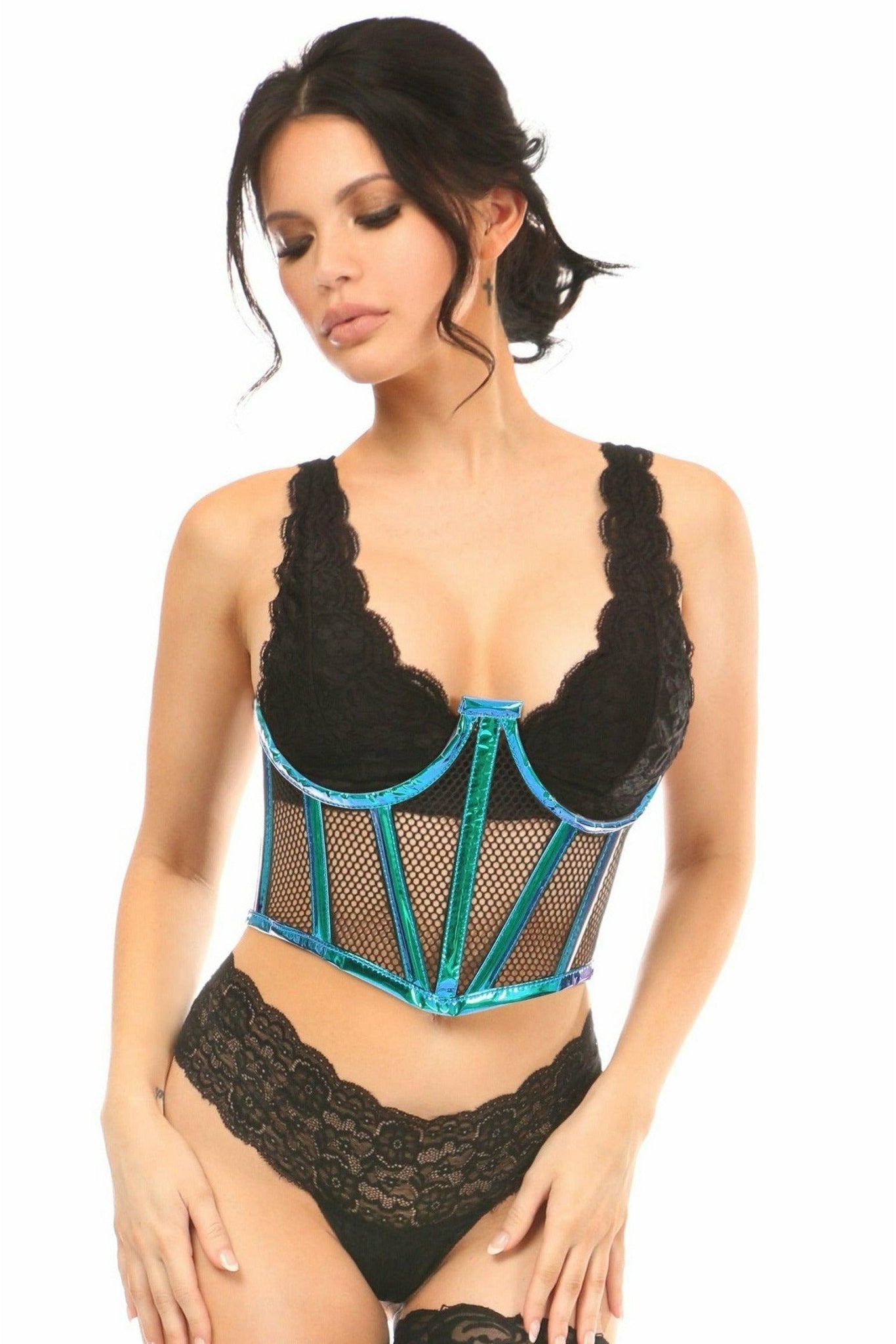 Lavish Blue/Teal Holo & Fishnet Underwire Waist Cincher Corset.