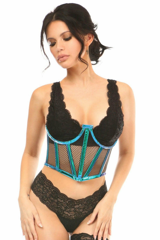 Lavish Blue/Teal Holo & Fishnet Underwire Waist Cincher Corset.