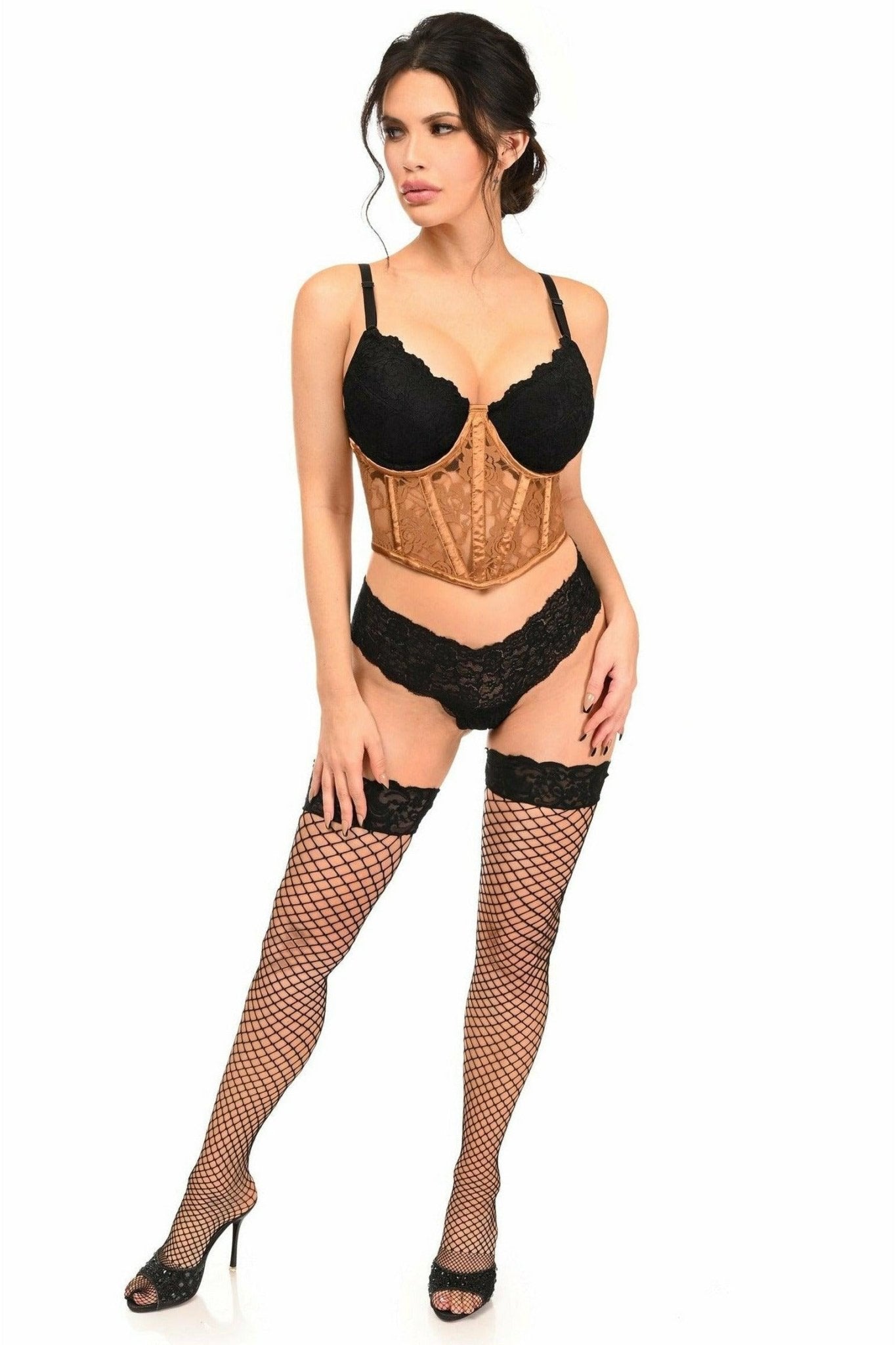 Lavish Caramel Sheer Lace Underwire Waist Cincher Corset.