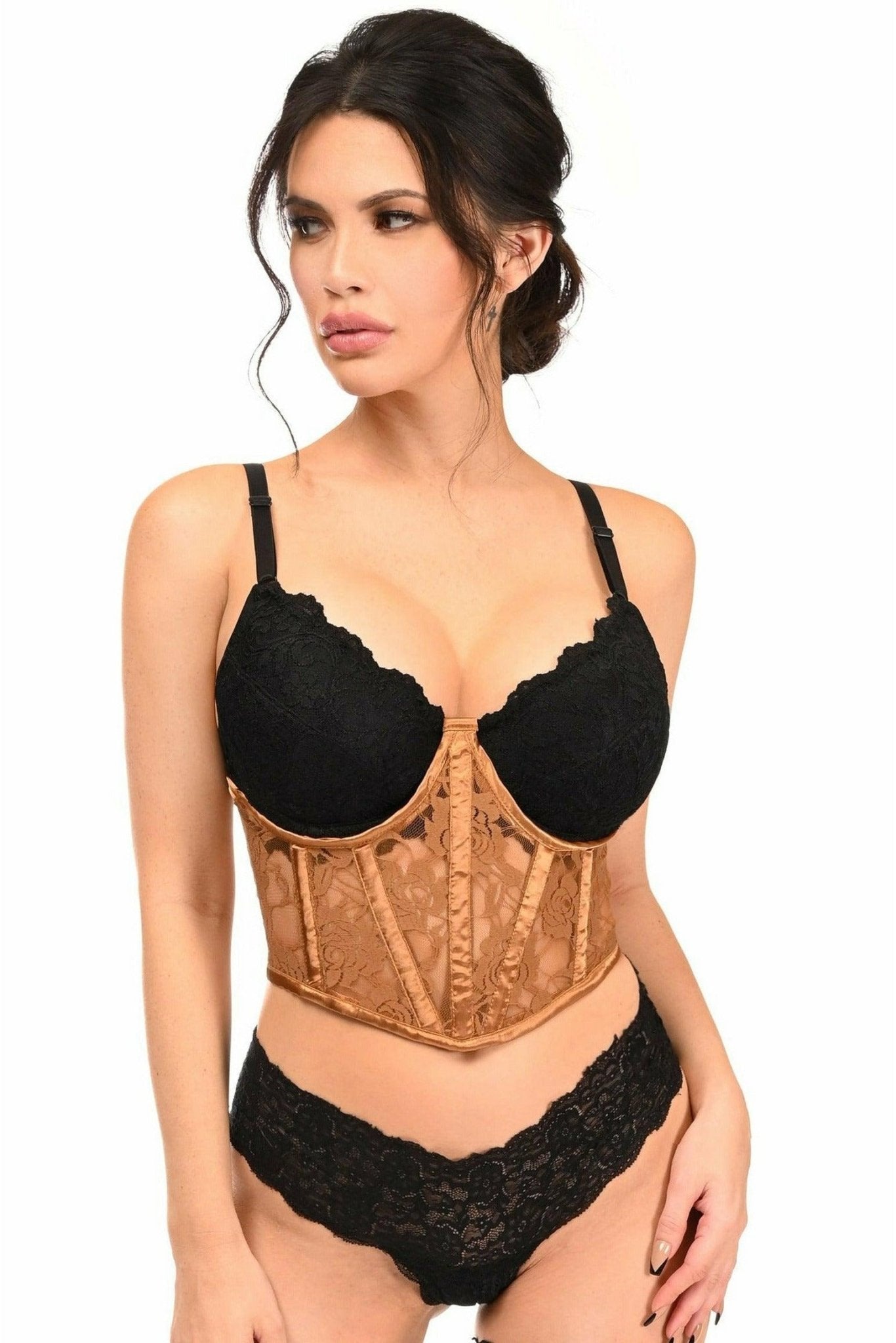 Lavish Caramel Sheer Lace Underwire Waist Cincher Corset.