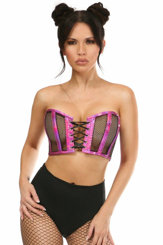 Lavish Fuchsia Holo & Fishnet Lace-Up Short Bustier Top.