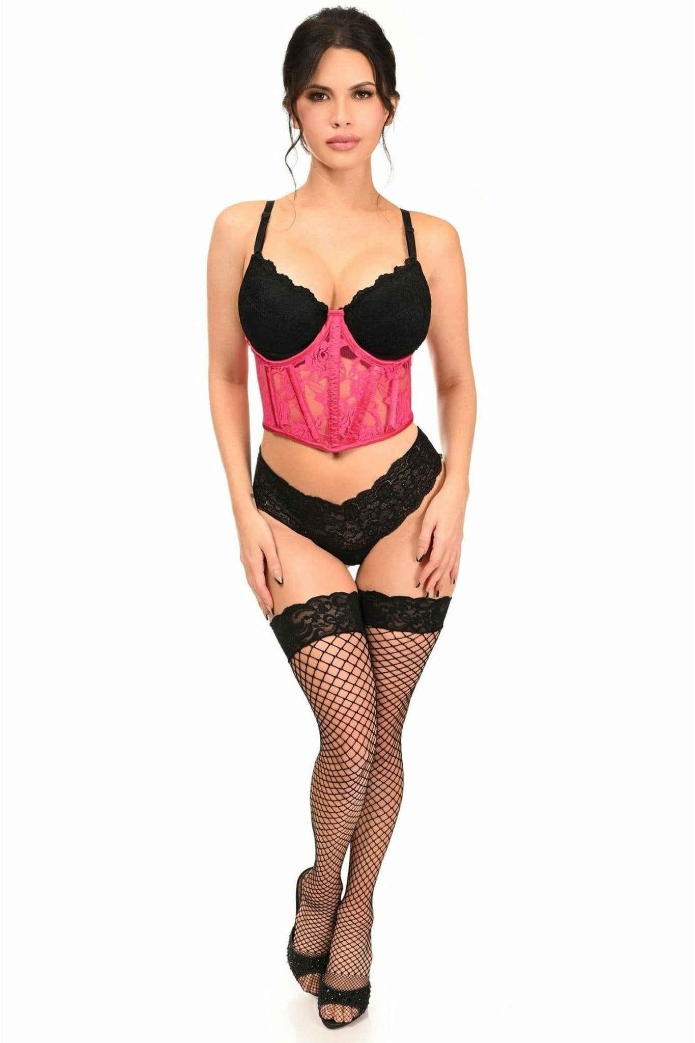 Lavish Fuchsia Sheer Lace Underwire Waist Cincher Corset.