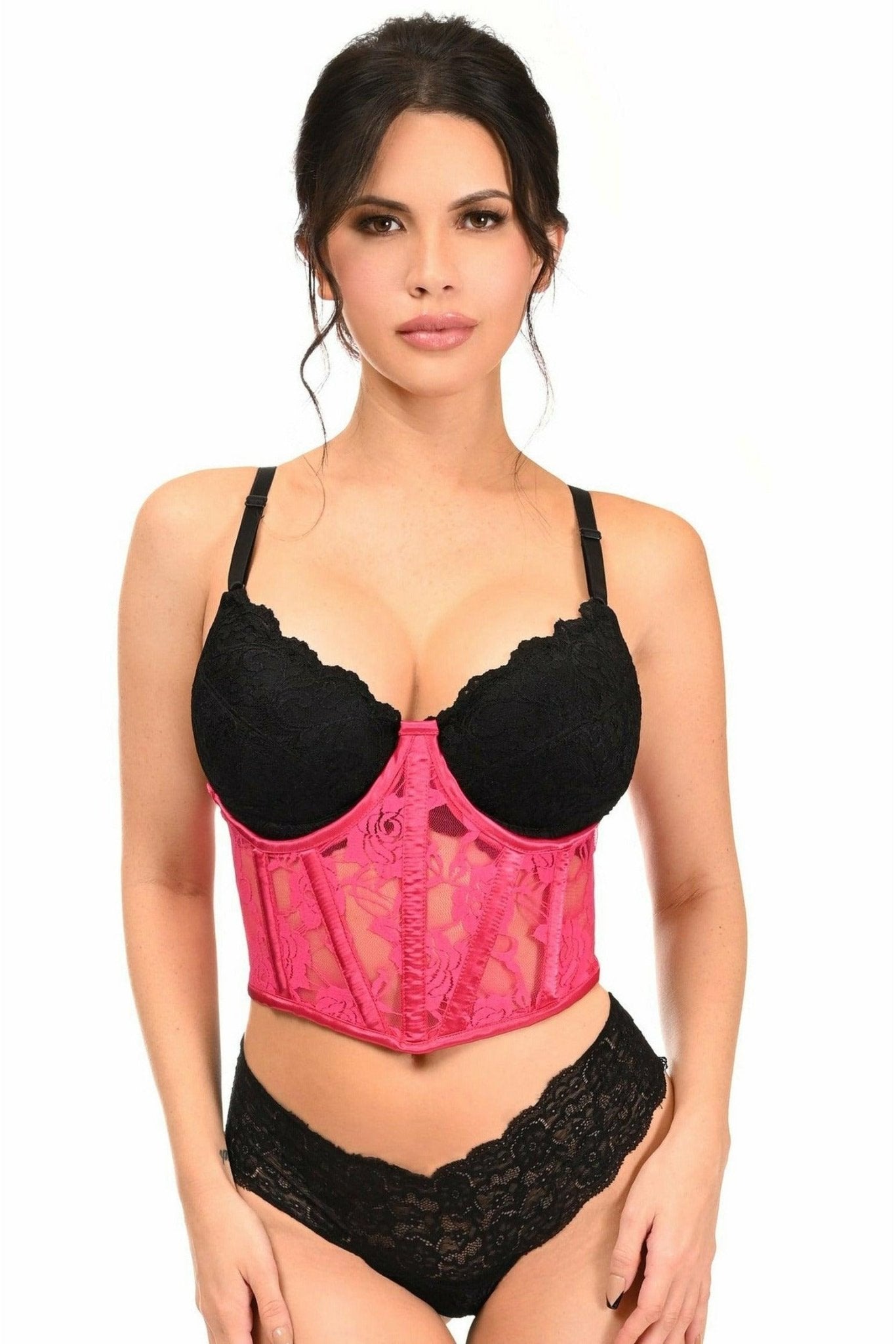 Lavish Fuchsia Sheer Lace Underwire Waist Cincher Corset.