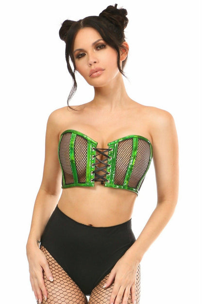 Lavish Green Holo & Fishnet Lace-Up Short Bustier Top.