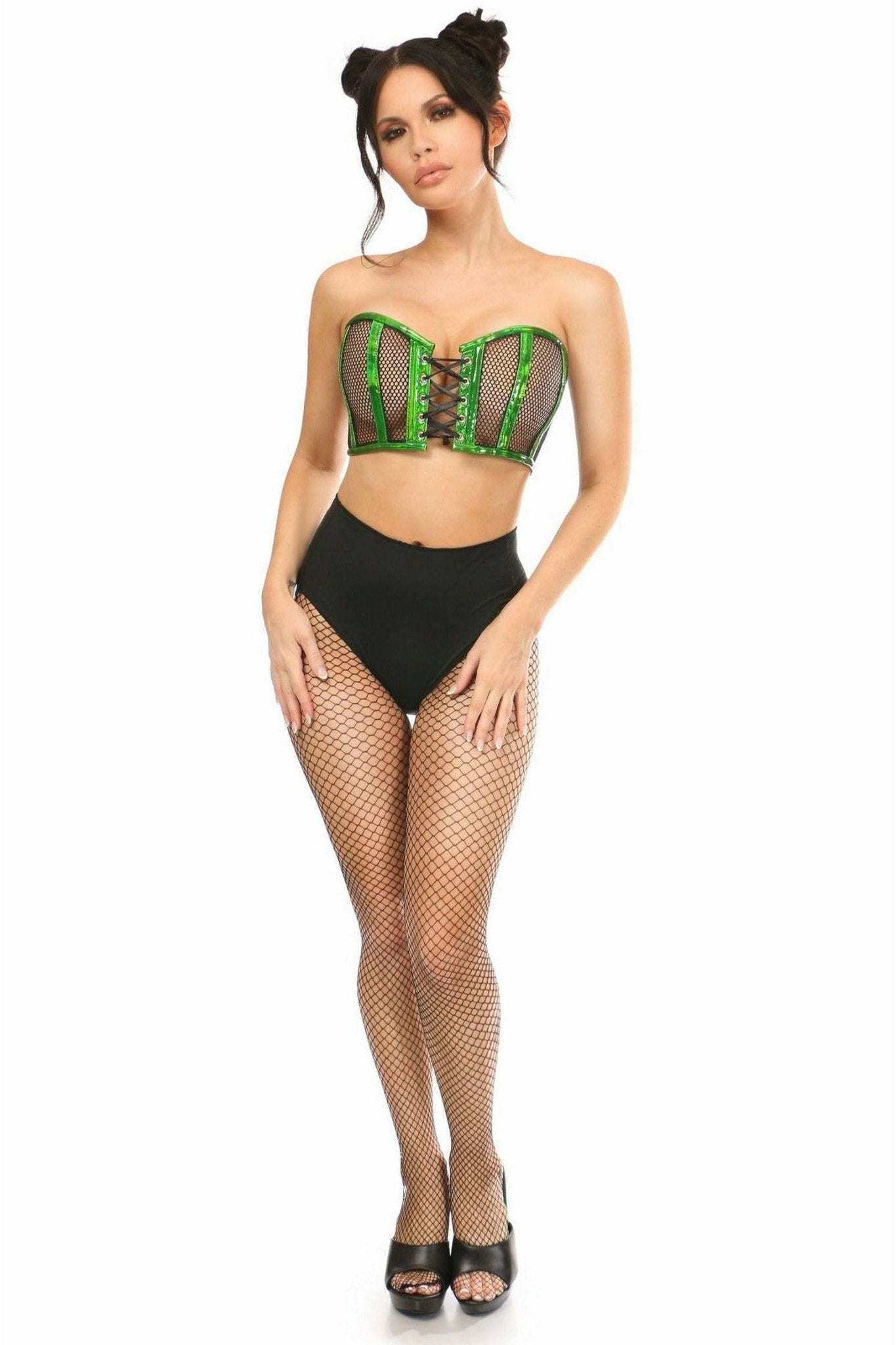 Lavish Green Holo & Fishnet Lace-Up Short Bustier Top.