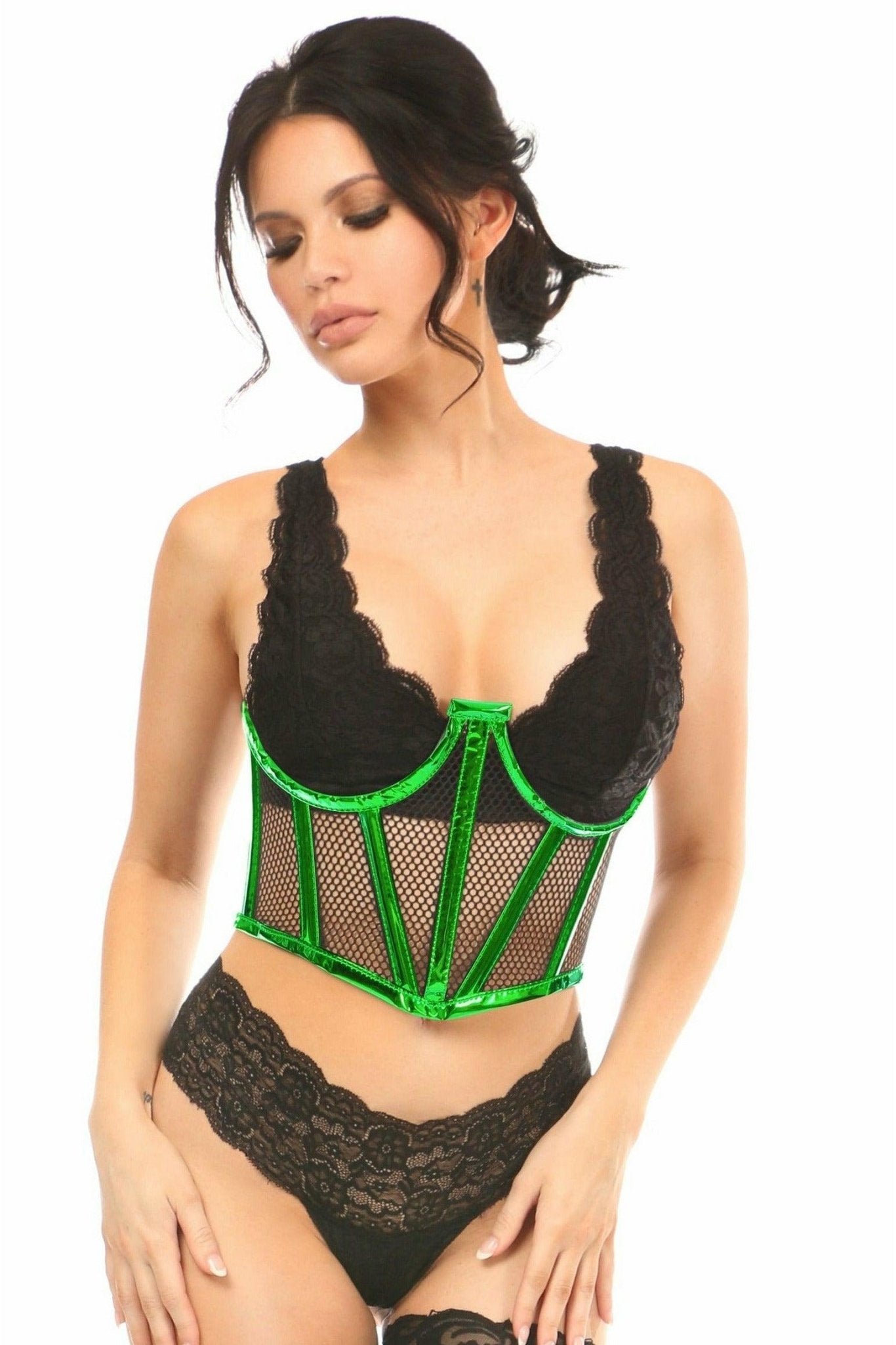 Lavish Green Holo & Fishnet Underwire Waist Cincher Corset.