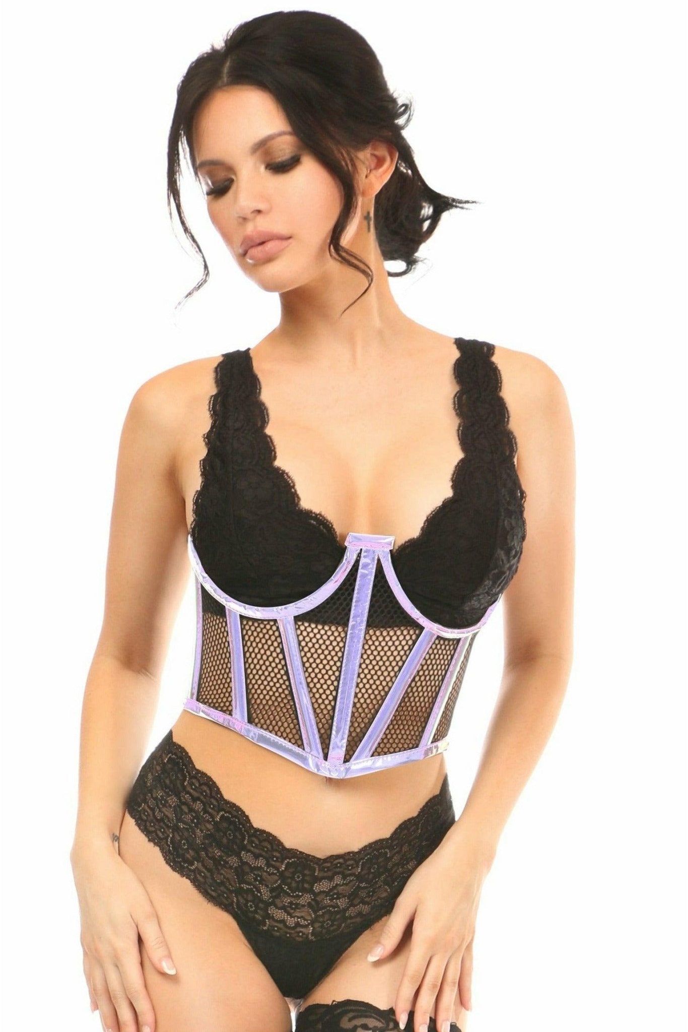 Lavish Lavender Holo & Fishnet Underwire Waist Cincher Corset.
