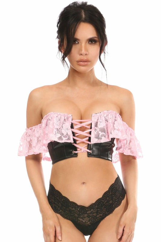 Lavish Lt Pink Lace & Faux Leather Bustier Top.