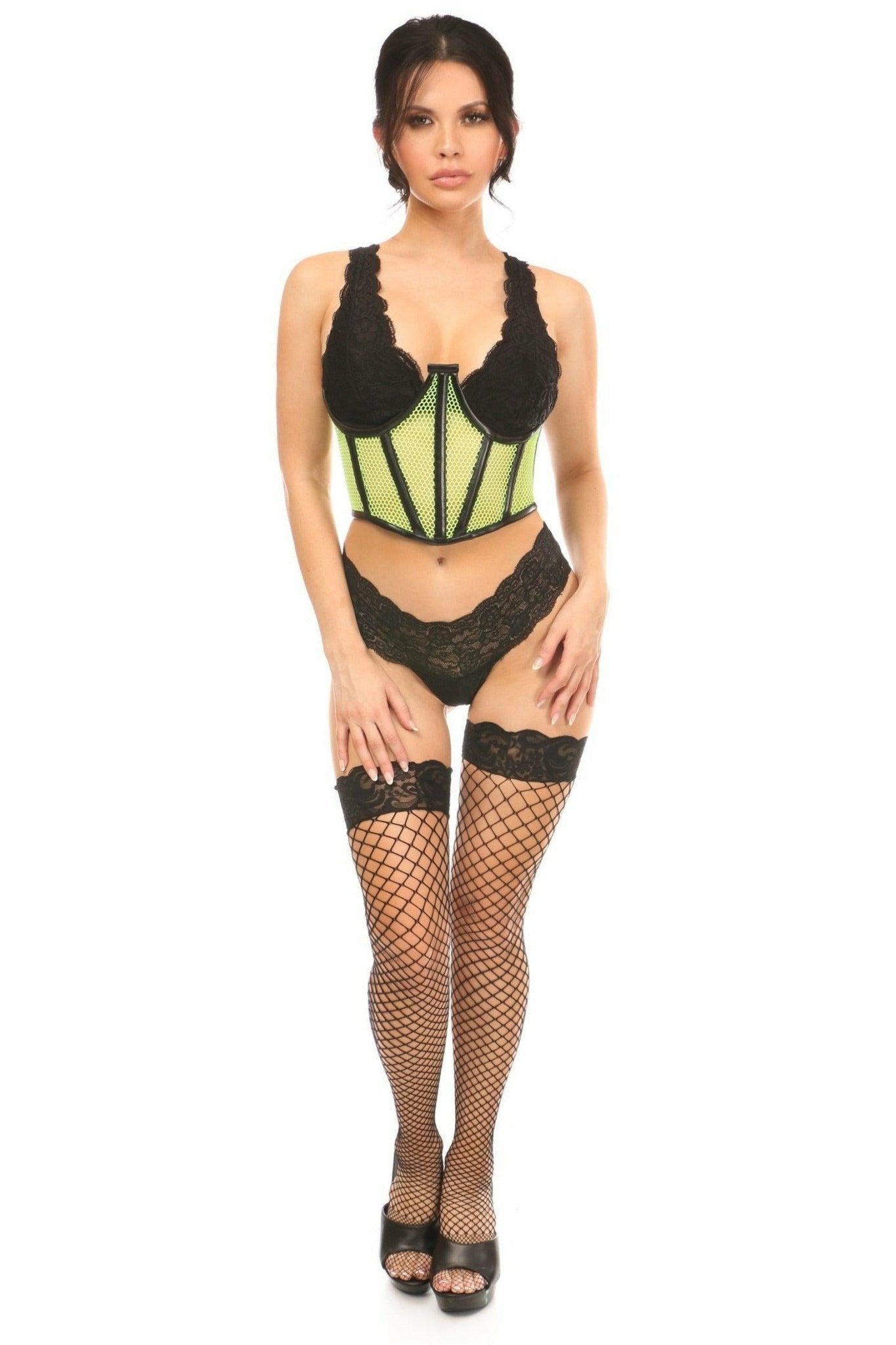 Lavish Neon Green Fishnet Underwire Open Cup Waist Cincher.