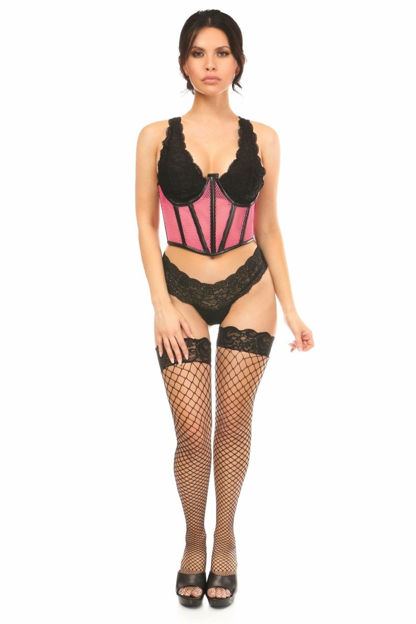Lavish Pink Fishnet Underwire Open Cup Waist Cincher.
