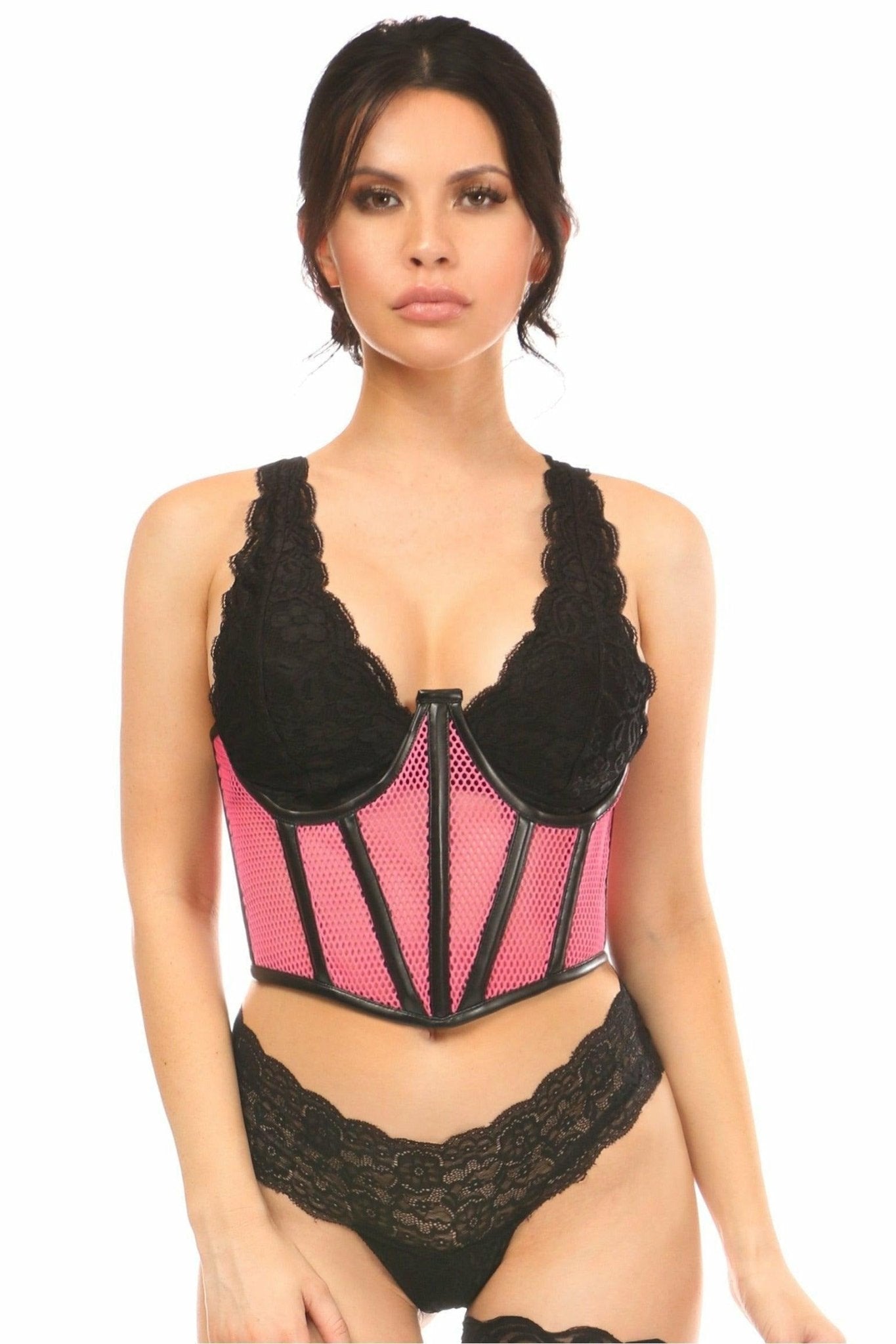 Lavish Pink Fishnet Underwire Open Cup Waist Cincher.