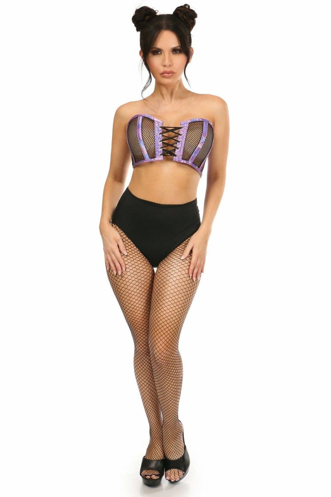 Lavish Purple Holo & Fishnet Lace-Up Short Bustier Top.