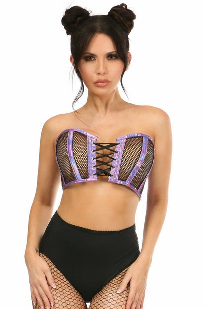 Lavish Purple Holo & Fishnet Lace-Up Short Bustier Top.