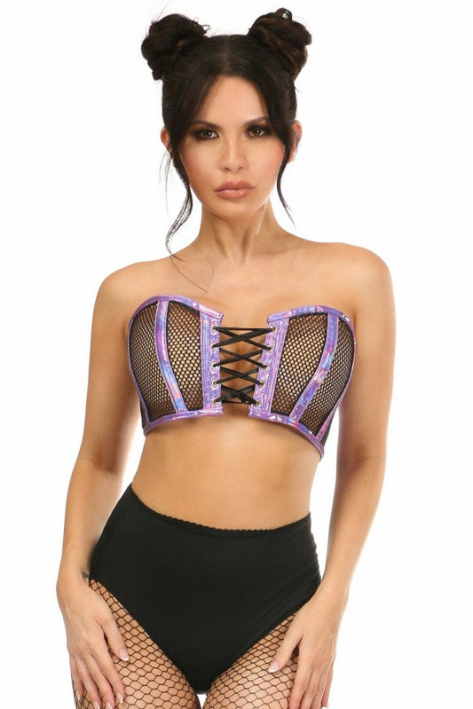 Lavish Purple Holo & Fishnet Lace-Up Short Bustier Top.
