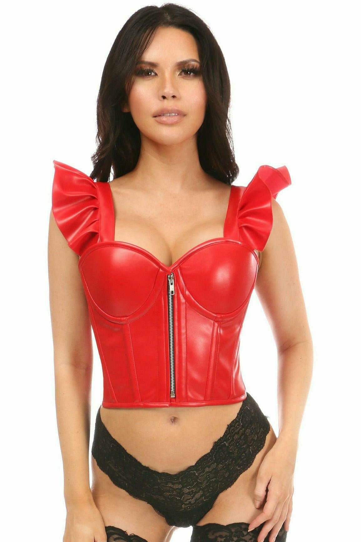Lavish Red Faux Leather Bustier Top w/Ruffle Sleeves.