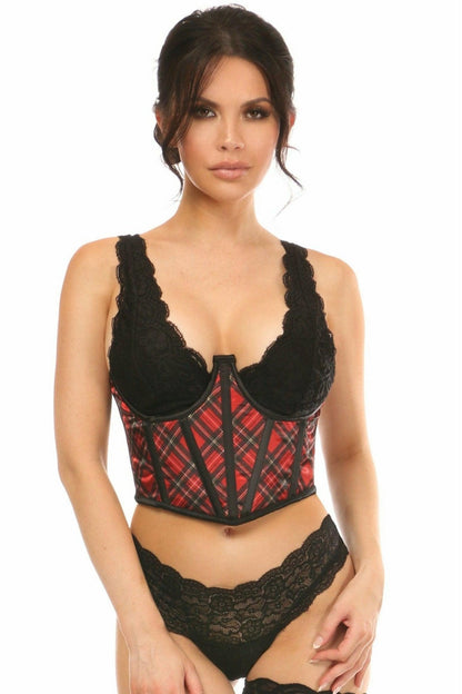 Lavish Red Plaid Satin Open Cup Waist Cincher.