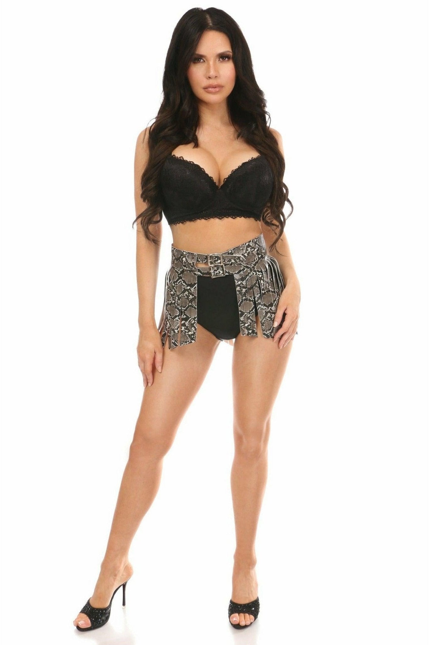 Snake Skin Print Faux Leather Fringe Skirt.