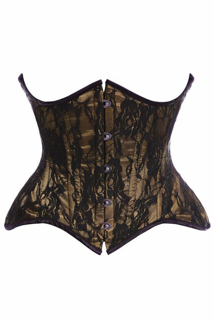 Top Drawer Beige w/Black Lace Double Steel Boned Curvy Cut Waist Cincher Corset.