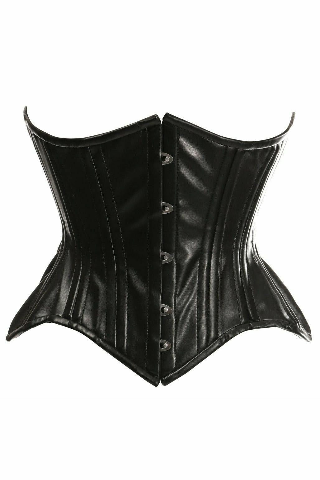 Top Drawer Black Faux Leather Double Steel Boned Curvy Cut Waist Cincher Corset.