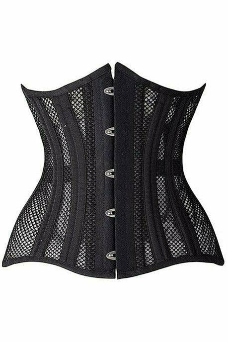 Top Drawer Black Fishnet Double Steel Boned Curvy Cut Waist Cincher Corset.