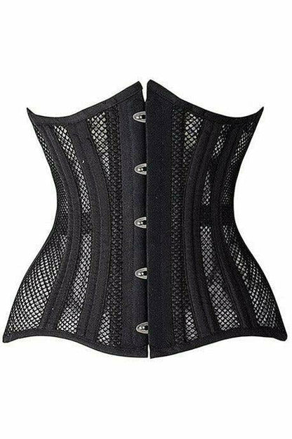 Top Drawer Black Fishnet Double Steel Boned Curvy Cut Waist Cincher Corset.