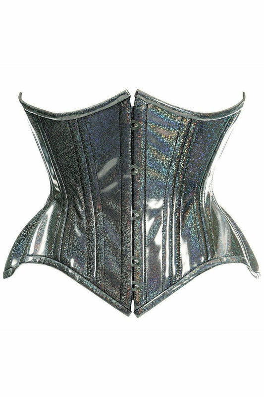 Top Drawer Black Rainbow Glitter Holo Double Steel Boned Curvy Cut Waist Cincher Corset.