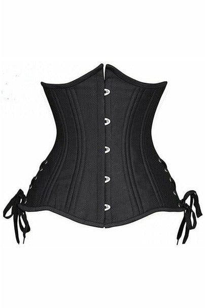 Top Drawer Black Satin Double Steel Boned Curvy Cut Waist Cincher Corset w/Lace-Up Sides.
