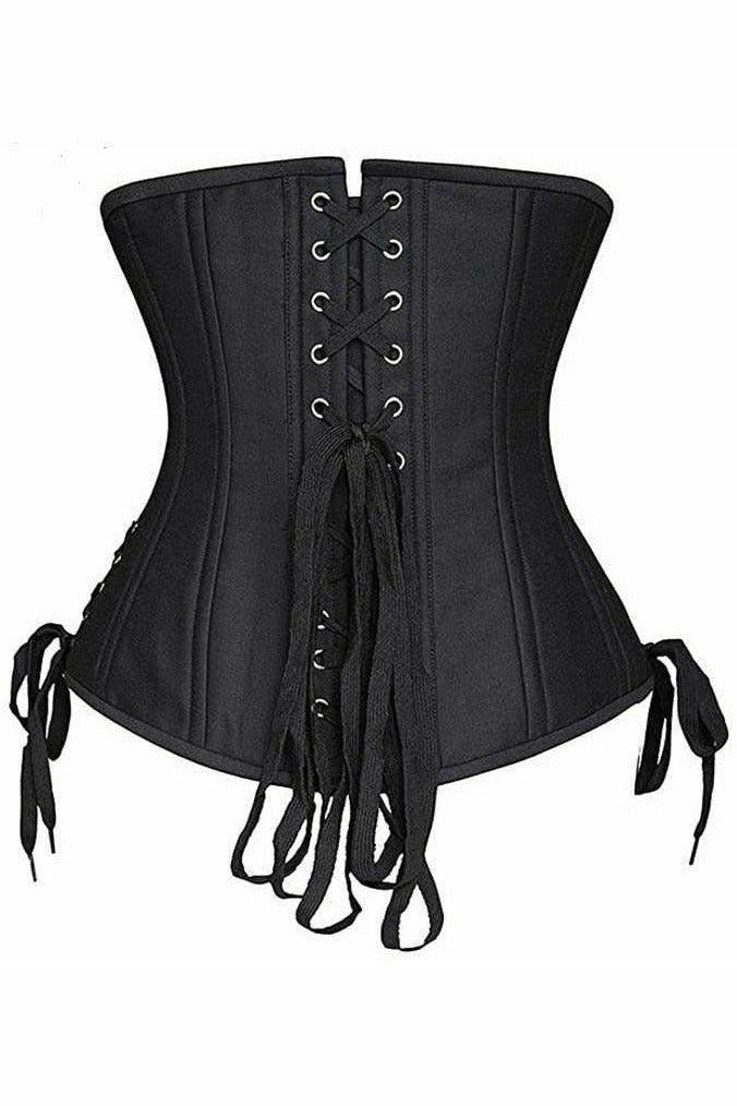 Top Drawer Black Satin Double Steel Boned Curvy Cut Waist Cincher Corset w/Lace-Up Sides.