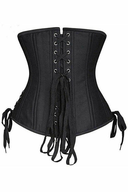Top Drawer Black Satin Double Steel Boned Curvy Cut Waist Cincher Corset w/Lace-Up Sides.